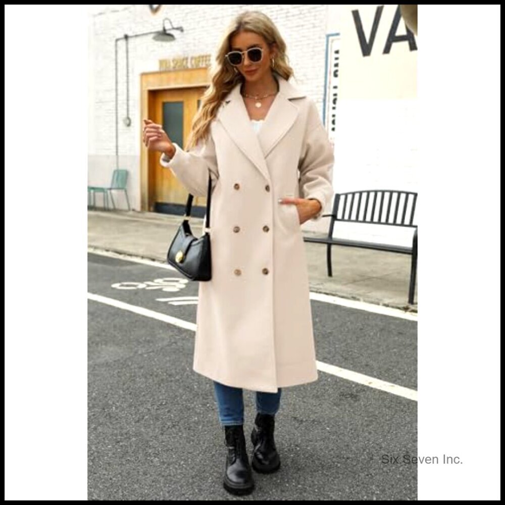Wool Blend Pea Coat Double Breasted Notched Lapel Winter Overcoat - Picture 5 of 7